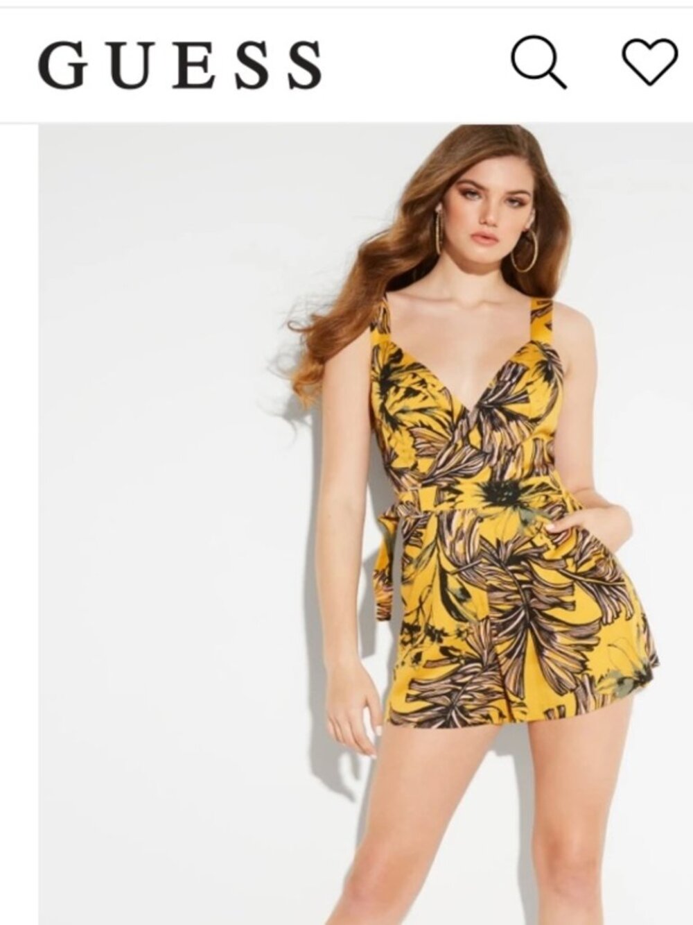 Guess Yellow Floral Tie-Waist Romper with pockets